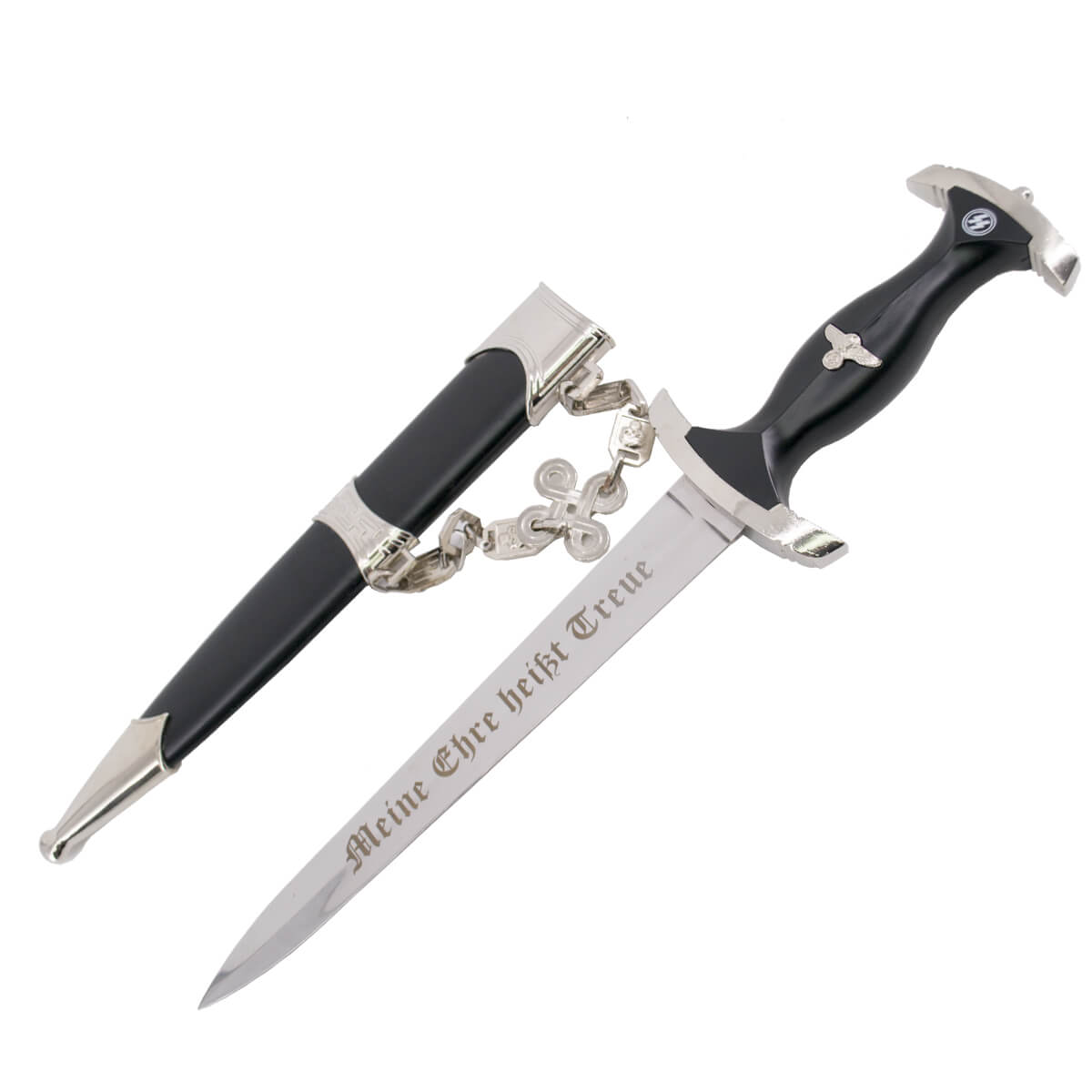 Punhal alemão com gravação na lâmina e cabo e bainha pretos