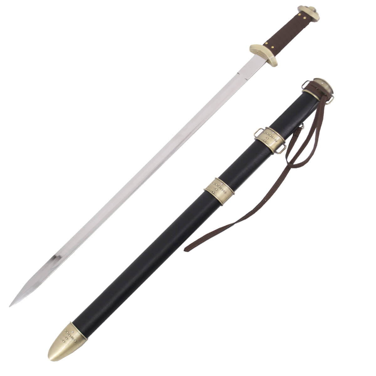 Espada viking com pomo e protetor de cor bronze e cabo de couro