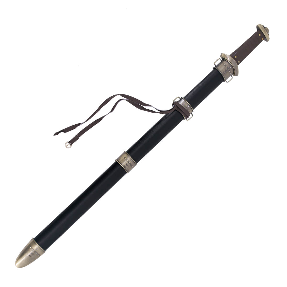 Wikingerschwert mit Pomo und bronzefarbenem Parier und Ledergriff