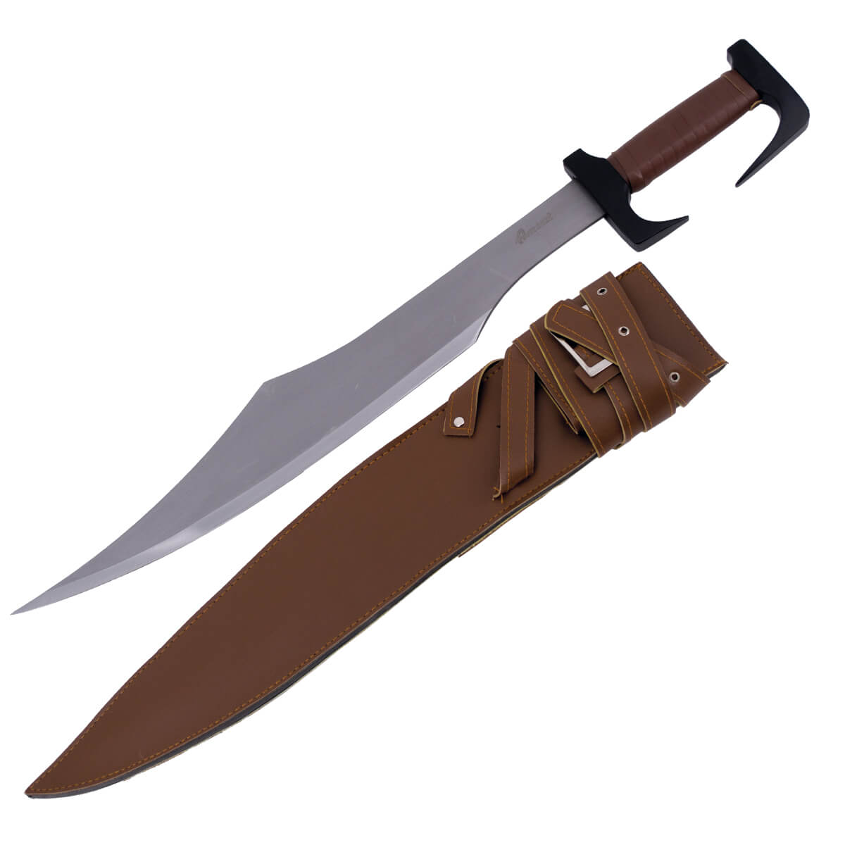 Spartan sword with pommel and guard of black color and brown hilt...