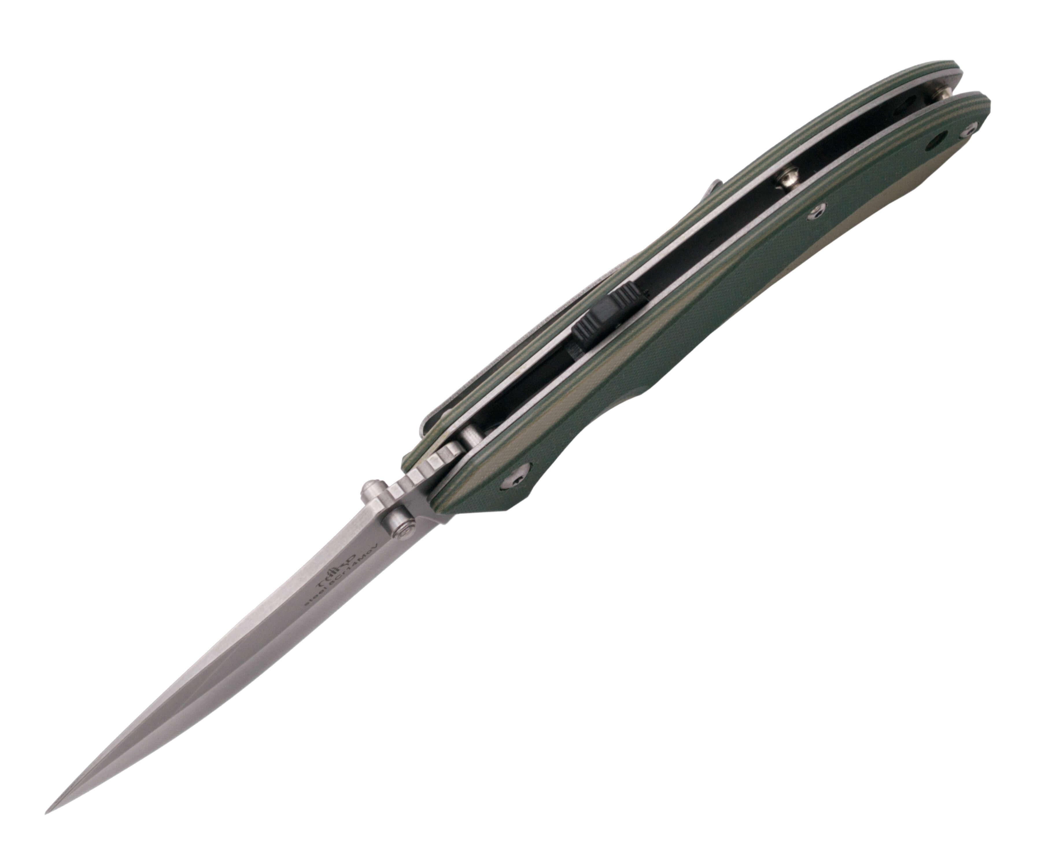 Pocket knife with assisted opening and handle of G10 bicolor camel and green