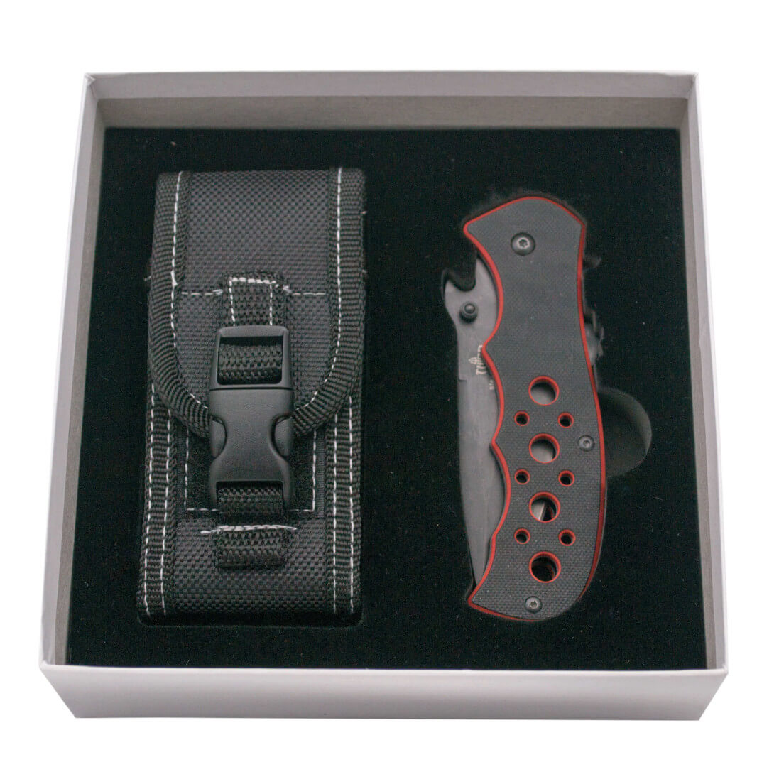 Messer mit Öffnungsunterstützung und zweifarbigem Griff aus rotem und schwarzem G10