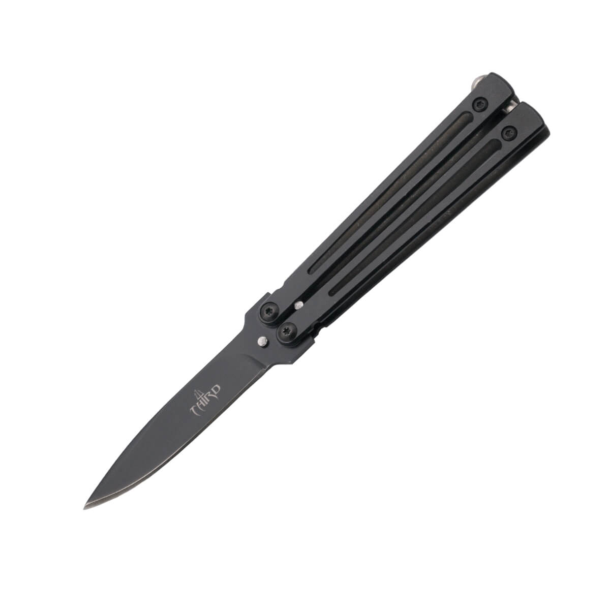 Butterfly knife with black stainless steel blade of 7.5 cm and bl...