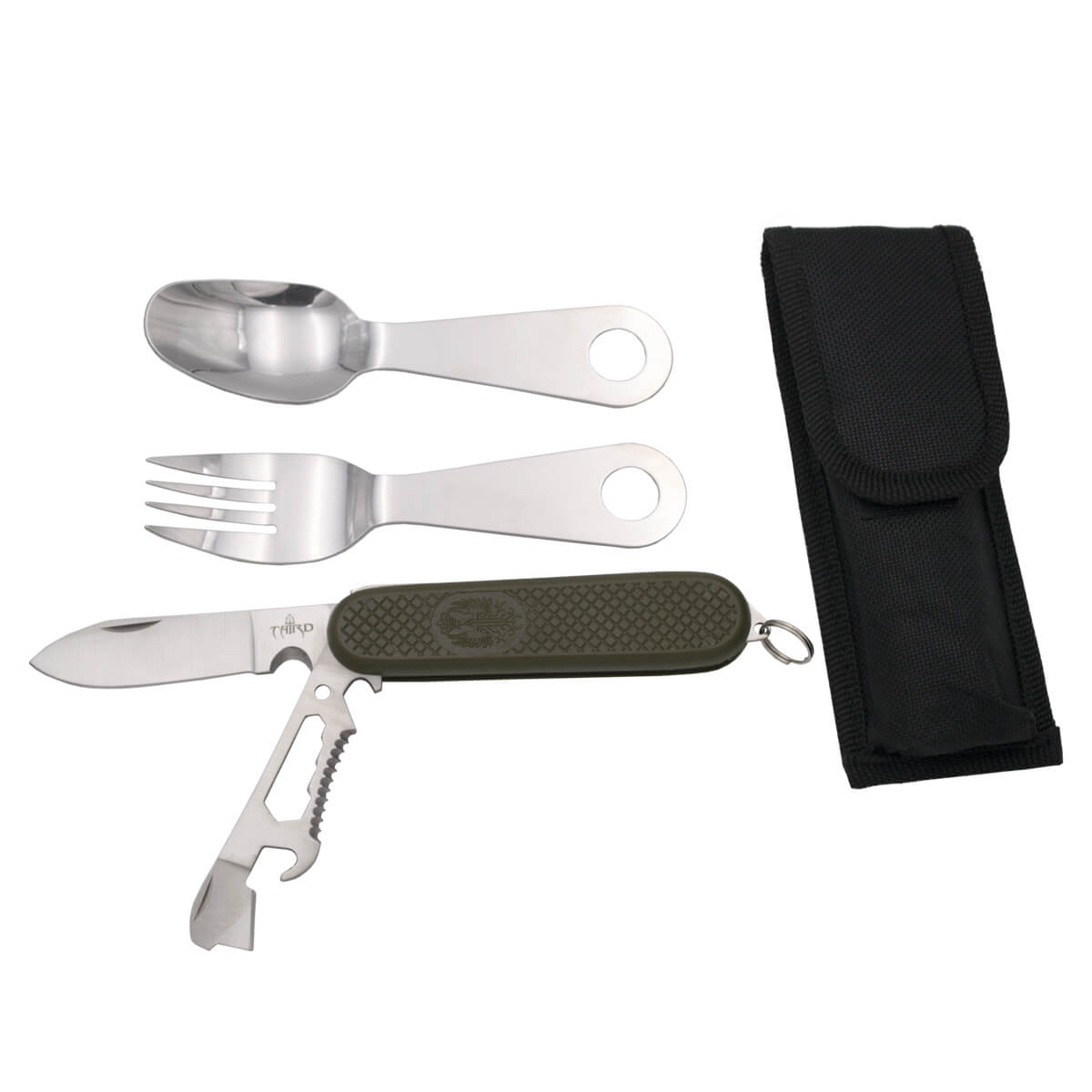 Faca multiuso com talheres de camping e cabo em ABS verde F0164