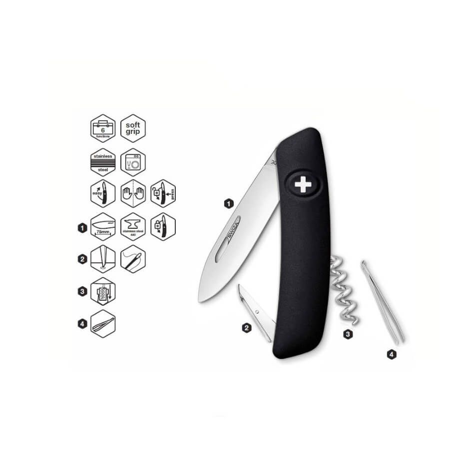 Swiza D01 schwarzes Mehrzweckmesser mit 6 Funktionen KNI.0010.1010