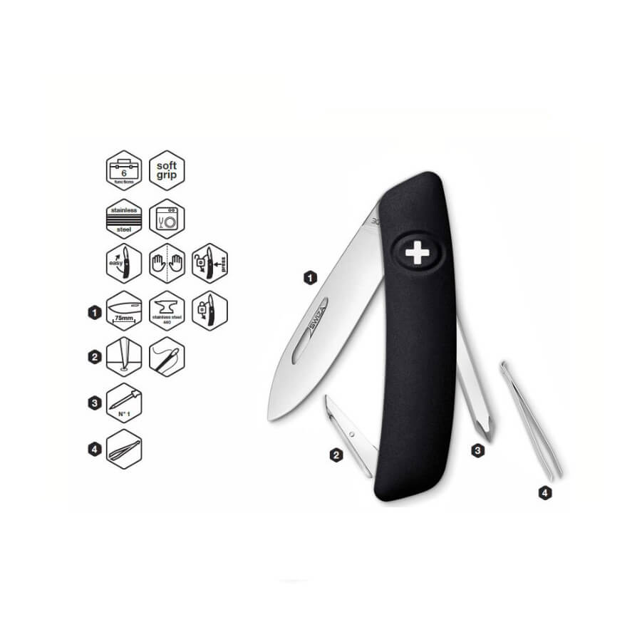 Swiza D02 schwarzes Mehrzweckmesser mit 6 Funktionen KNI.0020.1010