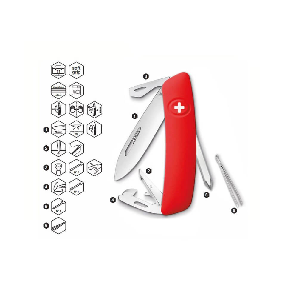 Swiza D04 rotes Mehrzweckmesser mit 11 Funktionen KNI.0040.1000