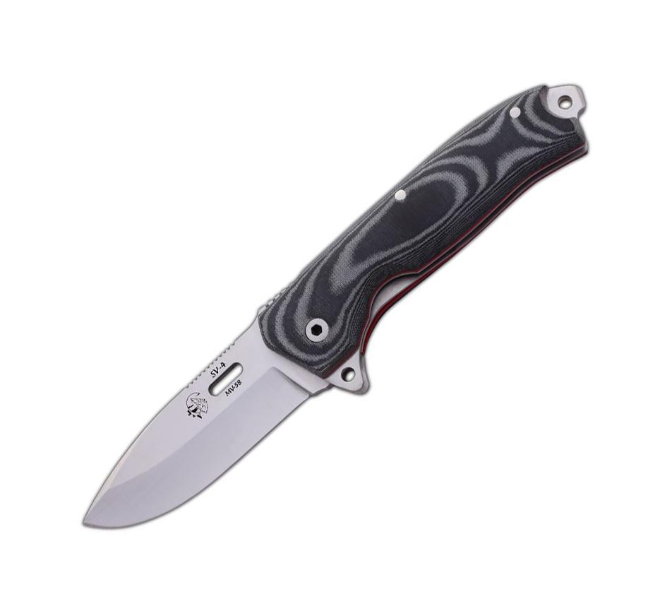SV4 JV pocketknife with black micarta handle and leather sheath