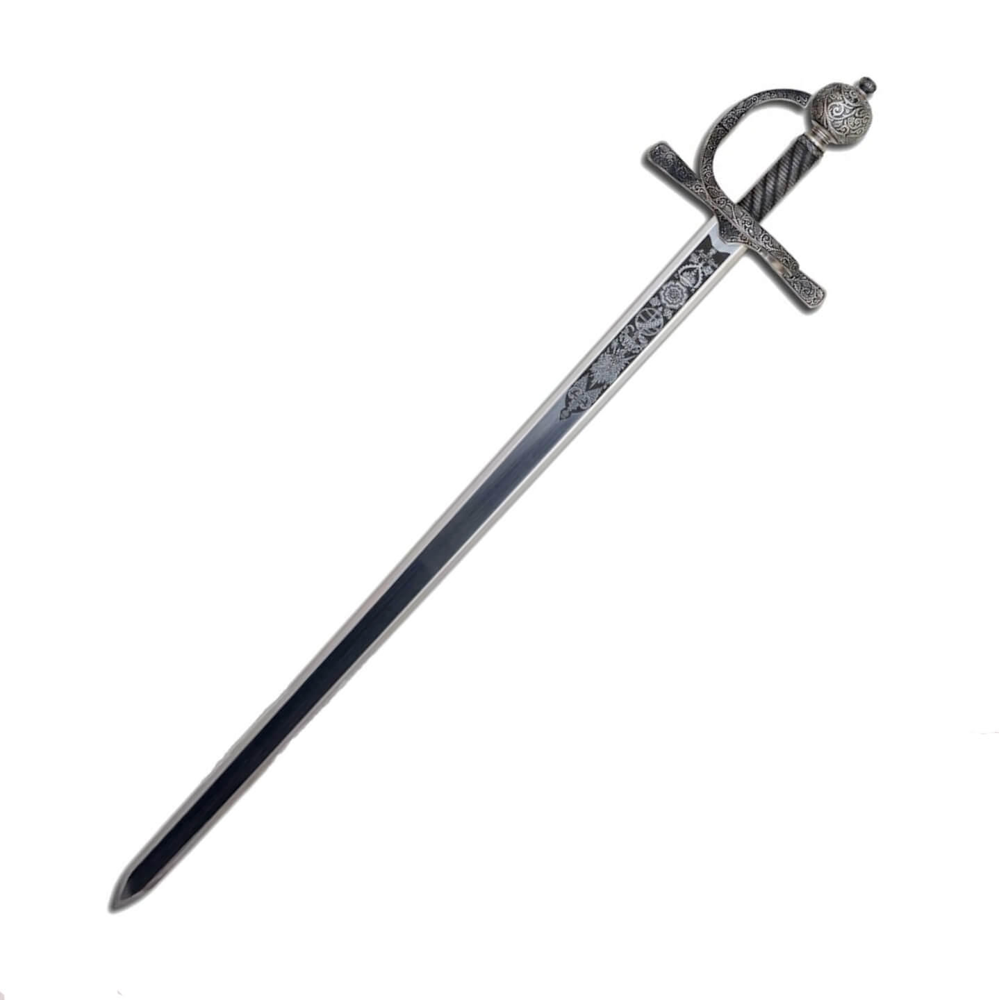 Espada de Sir Francis Drake com acabamento prateado e punho decor...