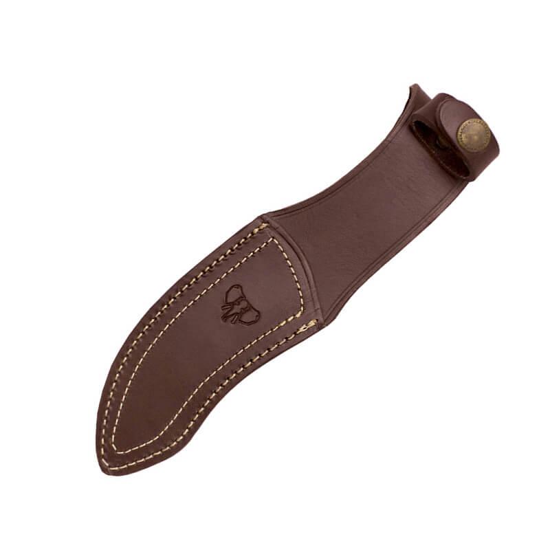 Faca para esfolar com cabo em madeira de oliveira, lâmina em aço MoVa 13 cm. Bainha de couro marrom.