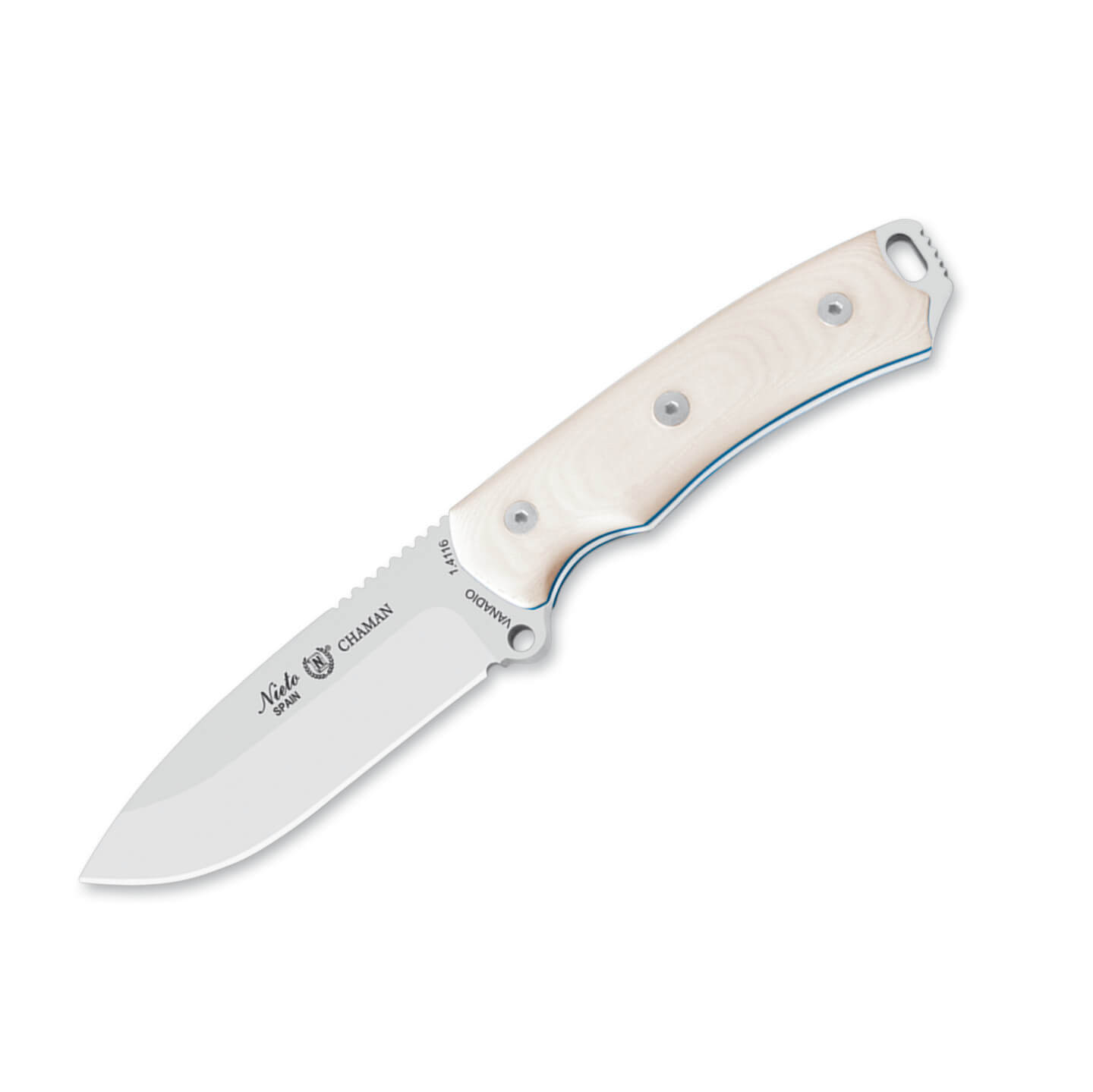 Faca Nieto chamán com cabo em micarta branca e lâmina em aço vaná...
