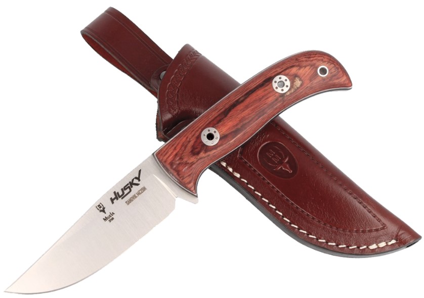 Couteau de chasse Muela Husky avec lame en acier Sandvik 14C28N et micarta triple fusion et manche en bois pressé