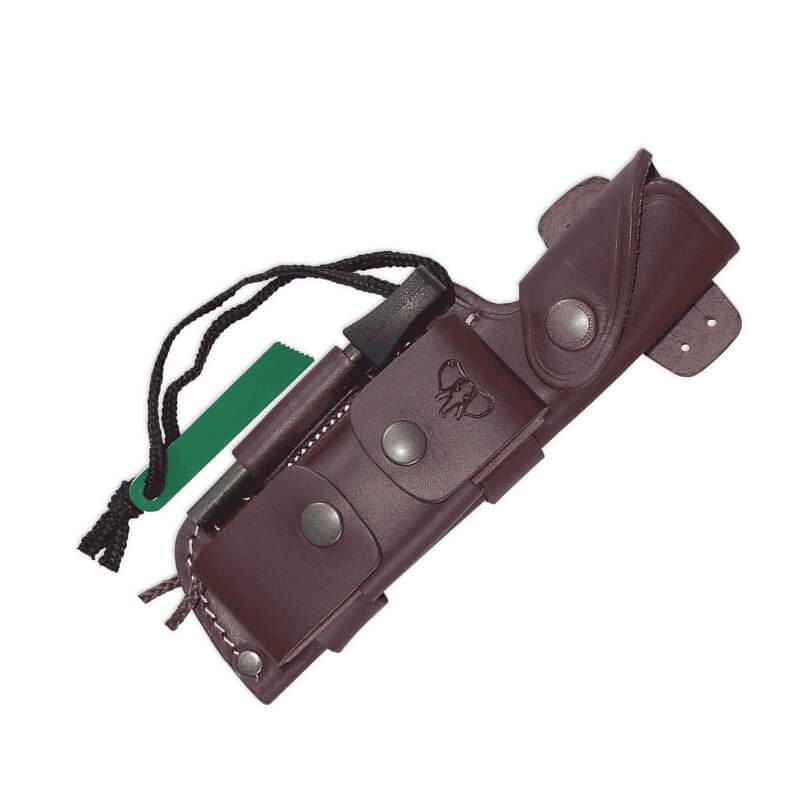 Faca Bushcraft, lâmina de aço Böhler N695, escamas de madeira de nogueira. Com capa de couro com kit completo.