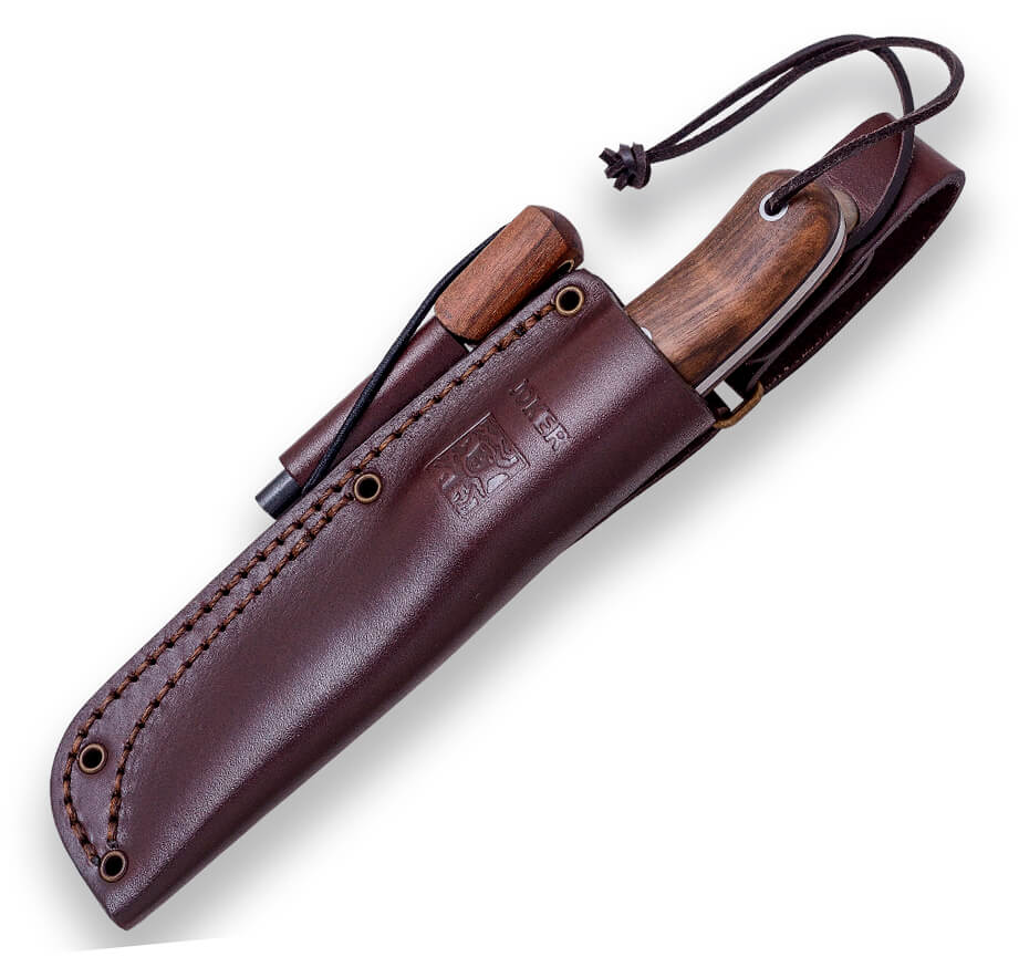 Faca bushcraft Joker BS9 Trampero com cabo em nogueira e lâmina de 10 cm com pederneira