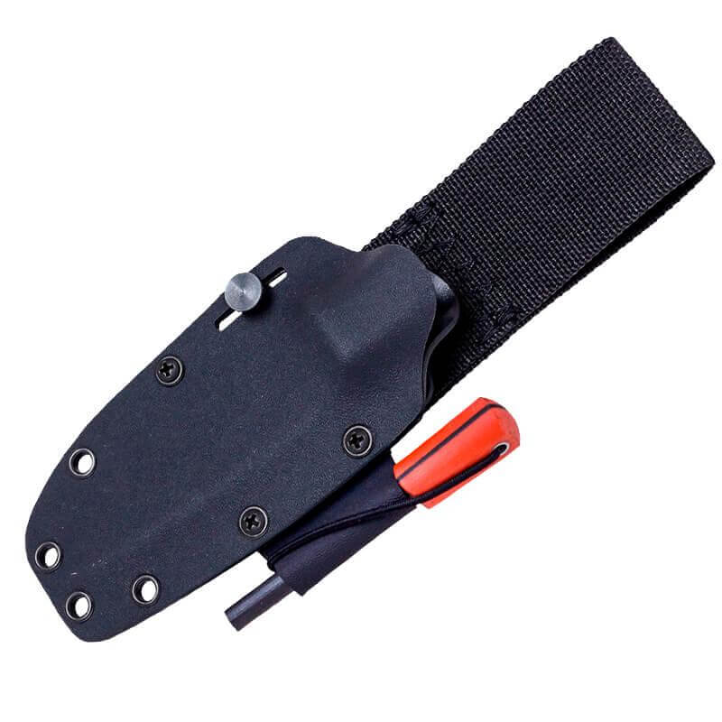 Joker BS9 Lynx with orange micarta handle and kydex sheath with flint.