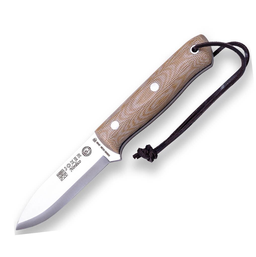 Faca Bushcraft BS9 Nordic Joker com cabo em micarta marrom e lâmina Sandvik 14C28N com pederneira