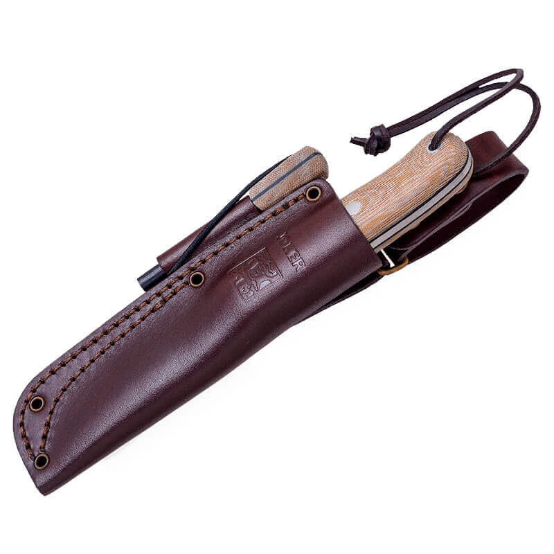 Faca bushcraft Joker BS9 Trampero com cabo em micarta bege e lâmina de 10 cm com pederneira