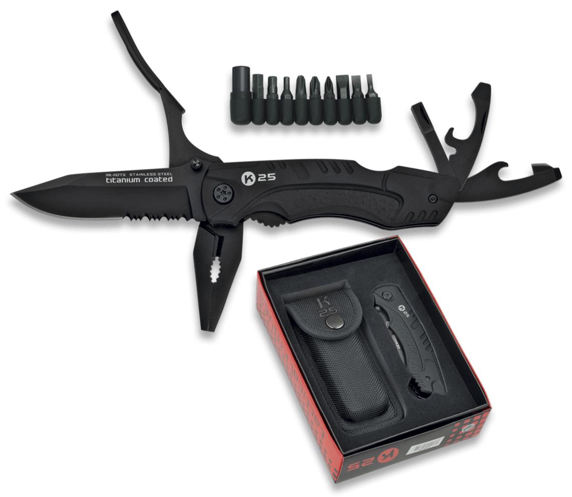 Faca tática multiuso K25 com 17 funções, cabo de alumínio emborra...