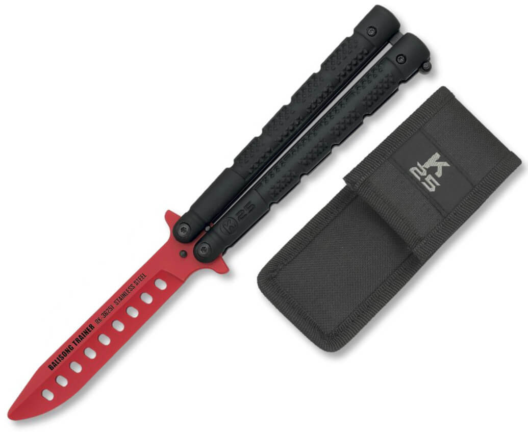 Faca de treino balisong K25 com lâmina vermelha de 9,8 cm
