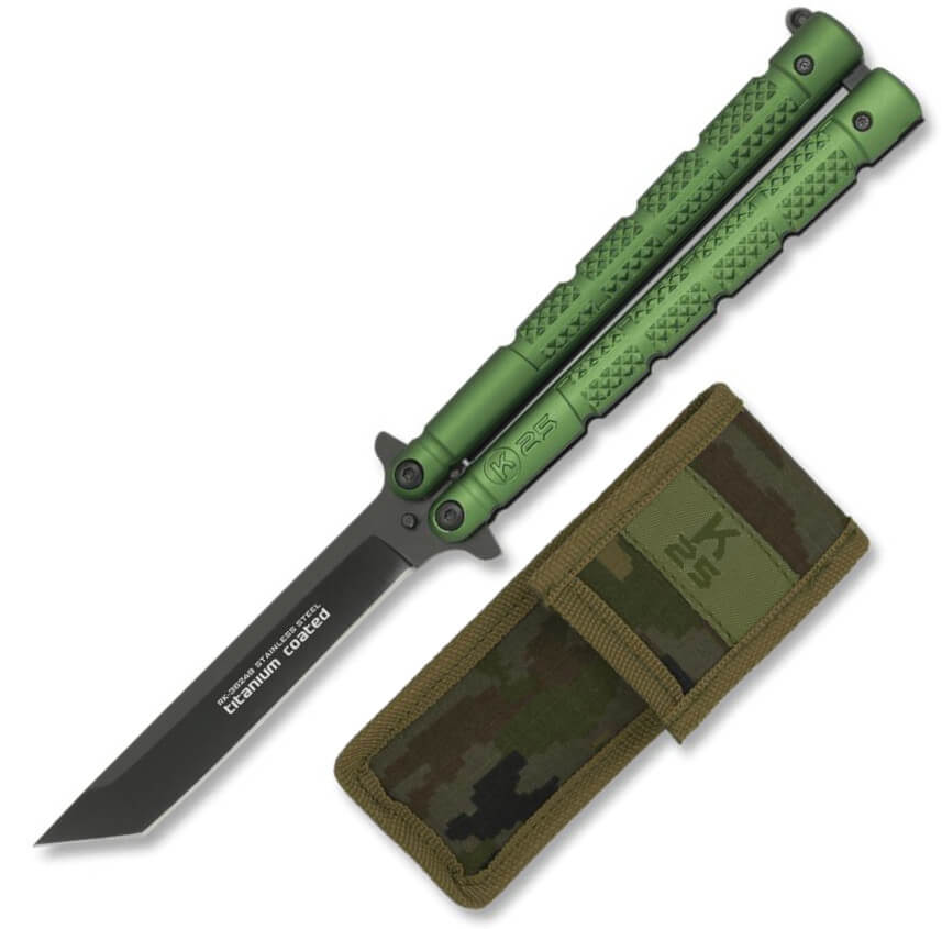 Faca tipo leque K25 com cabo de alumínio verde com lâmina de 10 c...