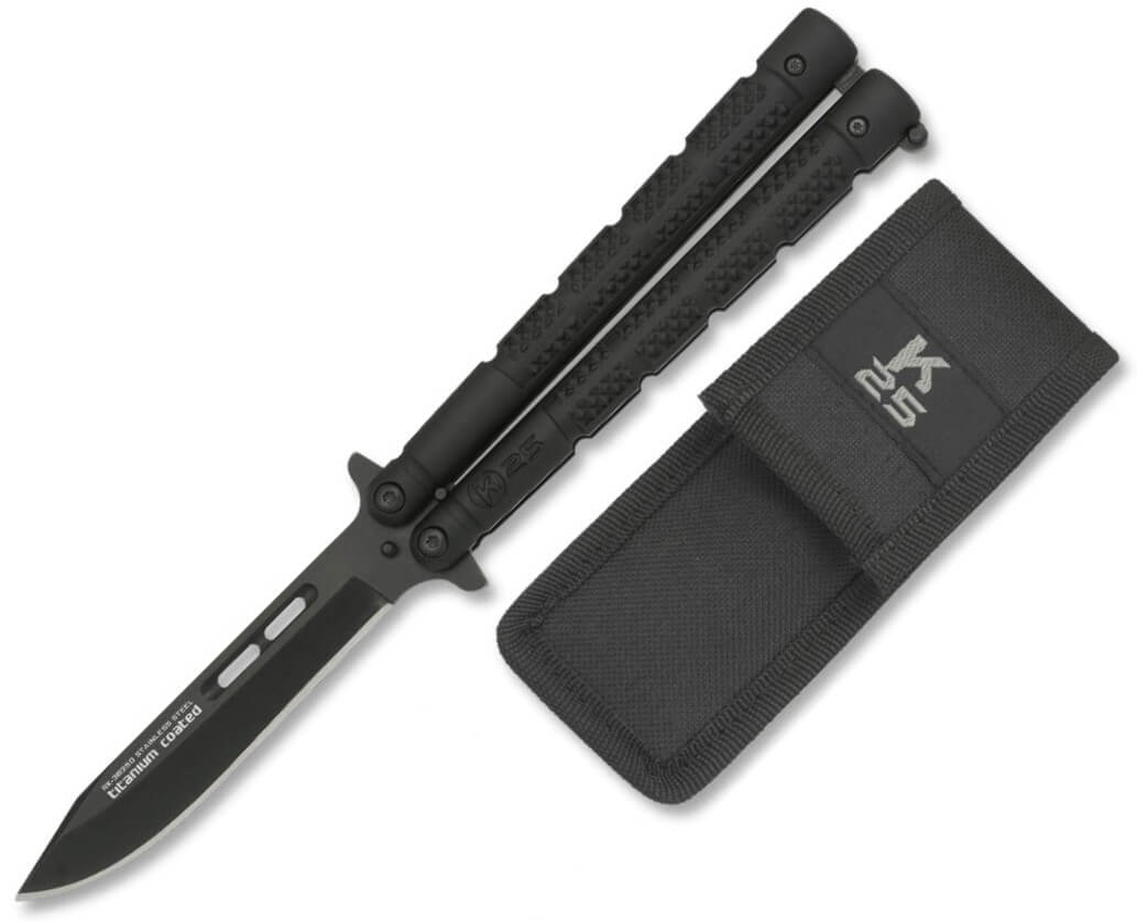 Faca borboleta K25 com cabo de alumínio preto e lâmina de 9,7 cm