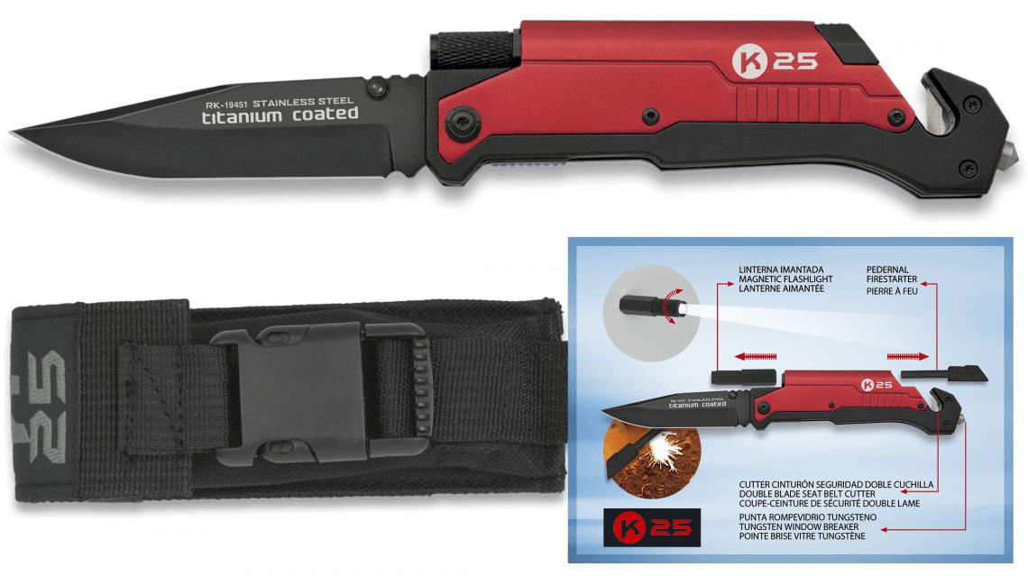 Canivete K25 vermelho com pederneira, lanterna magnética e lâmina...