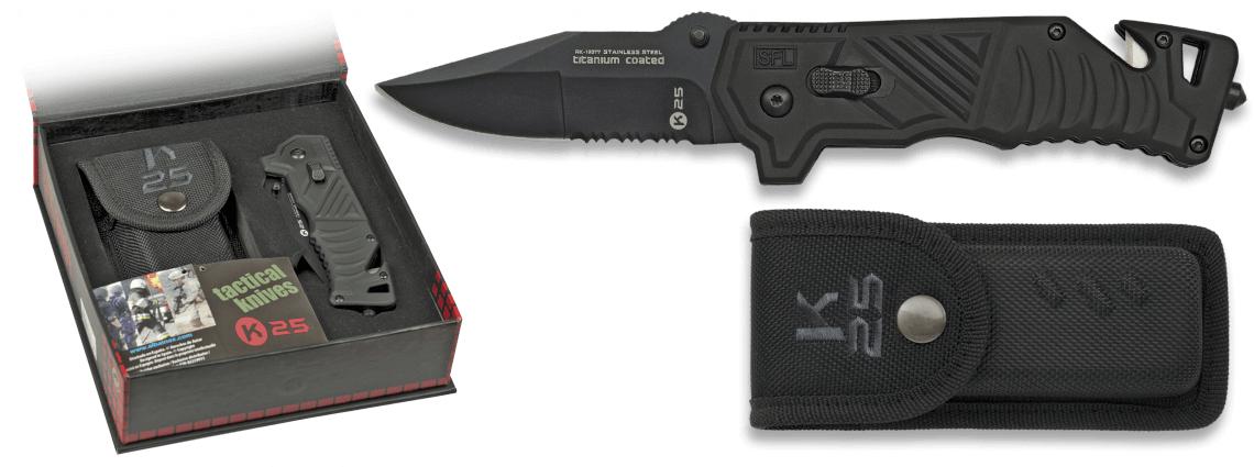Faca tática K25 apresentada em caixa com cabo SFL preto, bainha d...