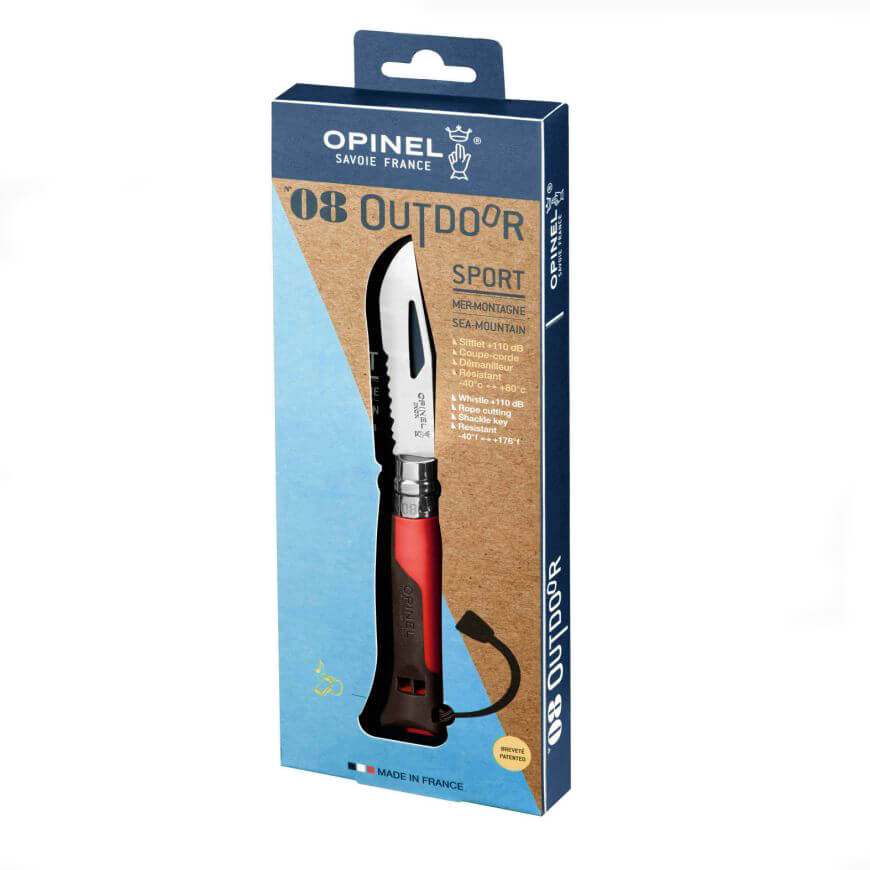 Opinel Outdoor Nº 8 Taschenmesser mit Wellenschliff und braunem und rotem Polymergriff
