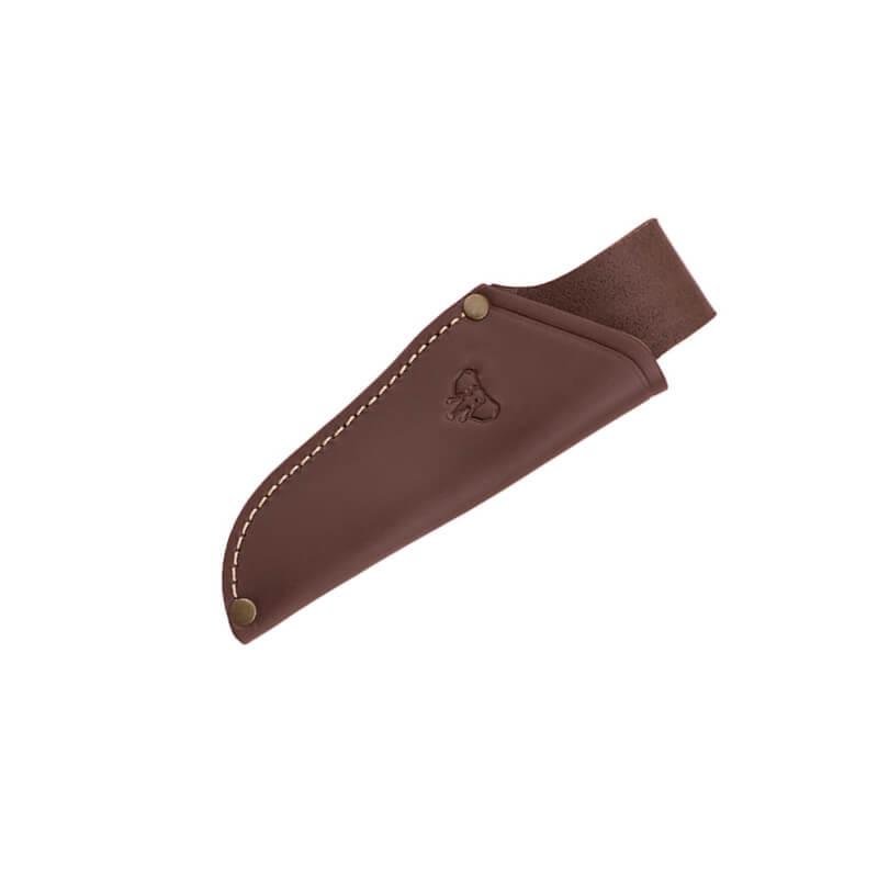 Enthäutungsmesser mit Olivenholzschuppen. Molybdän-Vanadium-Stahl. Braune Lederscheide.