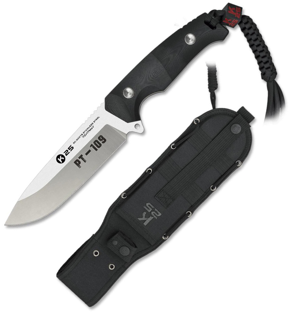 Faca tática K25 PT-109 com cabo G-10 preto e lâmina de 14 cm