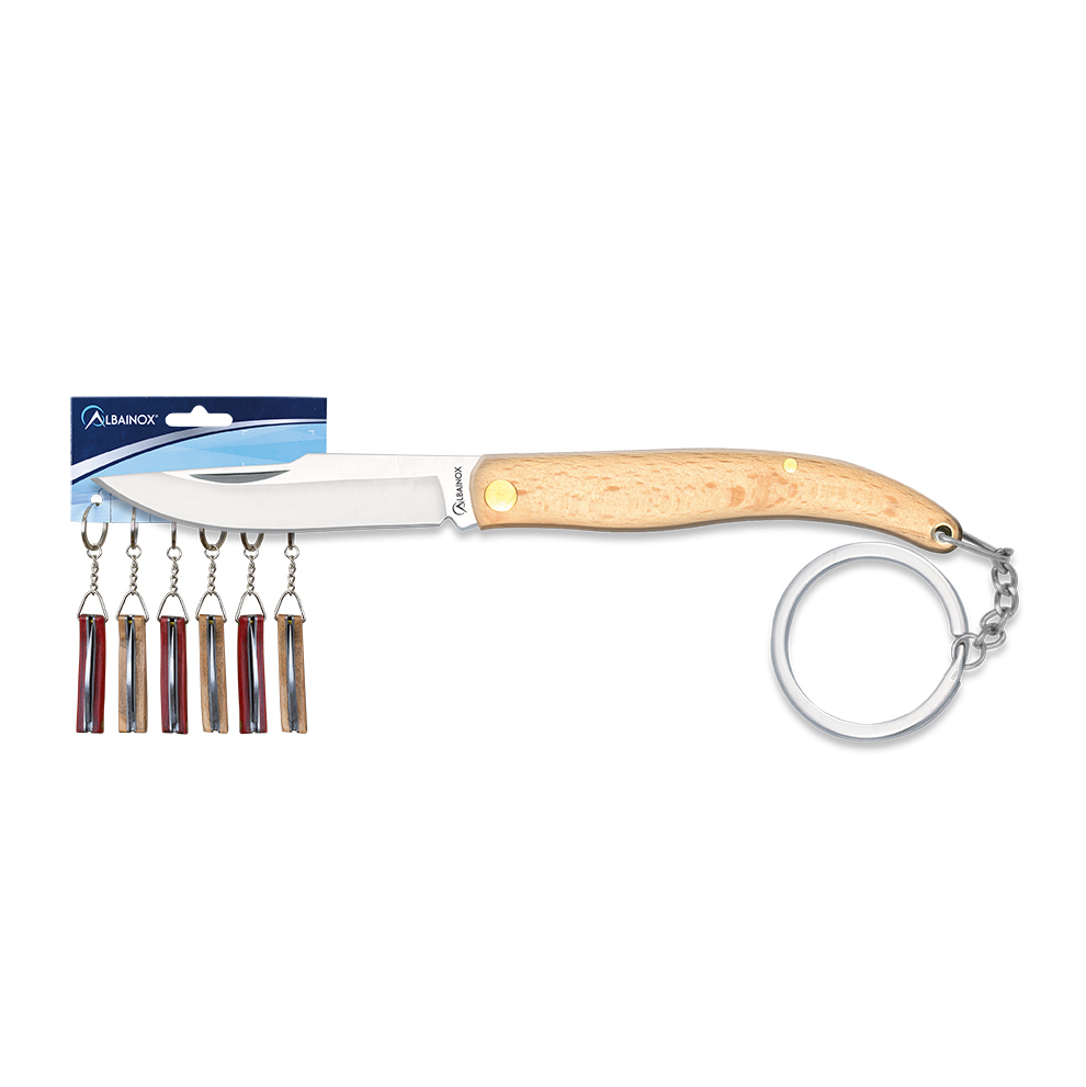 Blister pack of 6 keychain knives with wooden handle and 4.9 cm b...