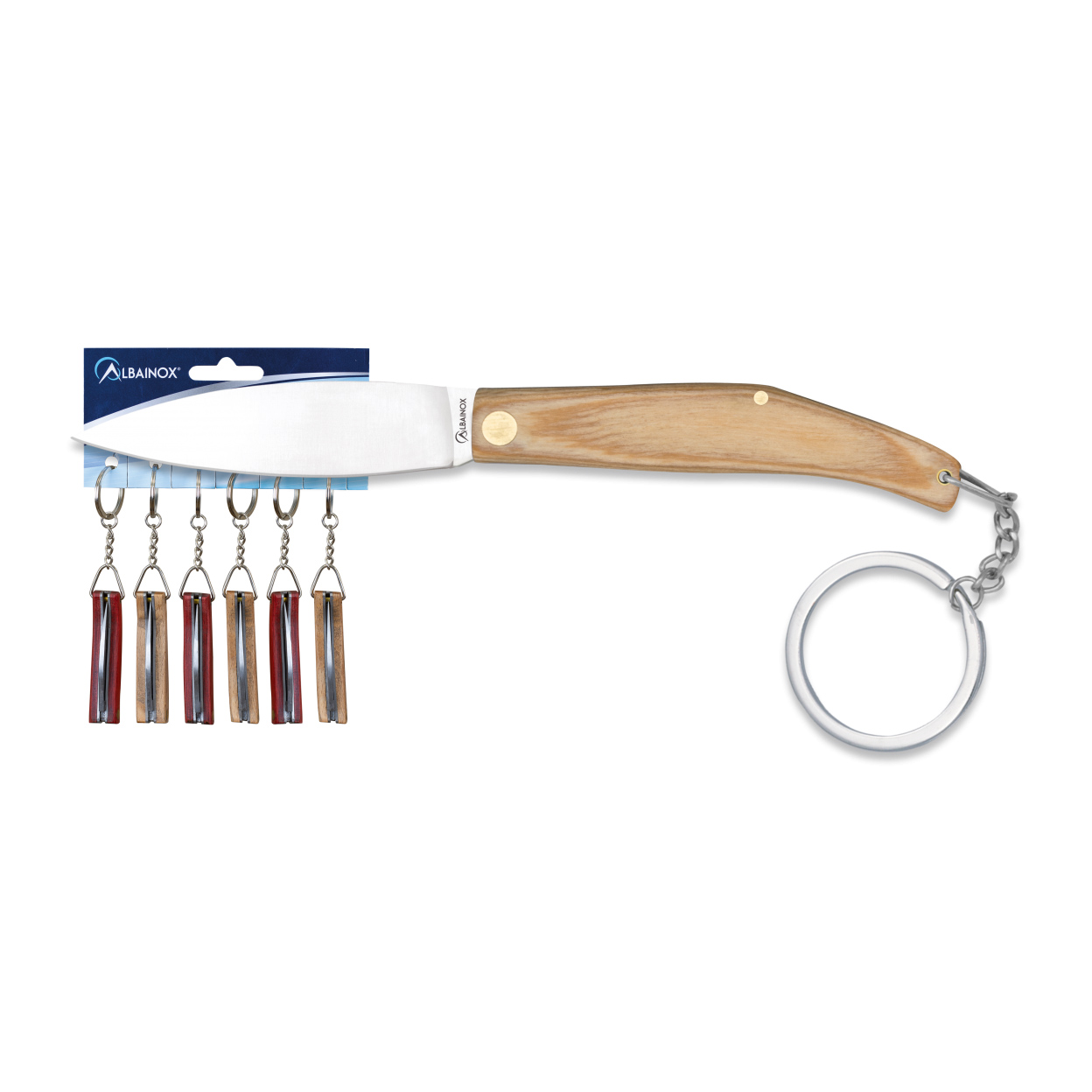 Blister pack of 6 keychain folding knives with wooden handle and ...