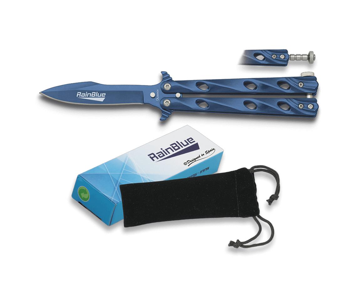 Faca borboleta azul chuva com cabo de aço e lâmina de 9 cm, bainh...