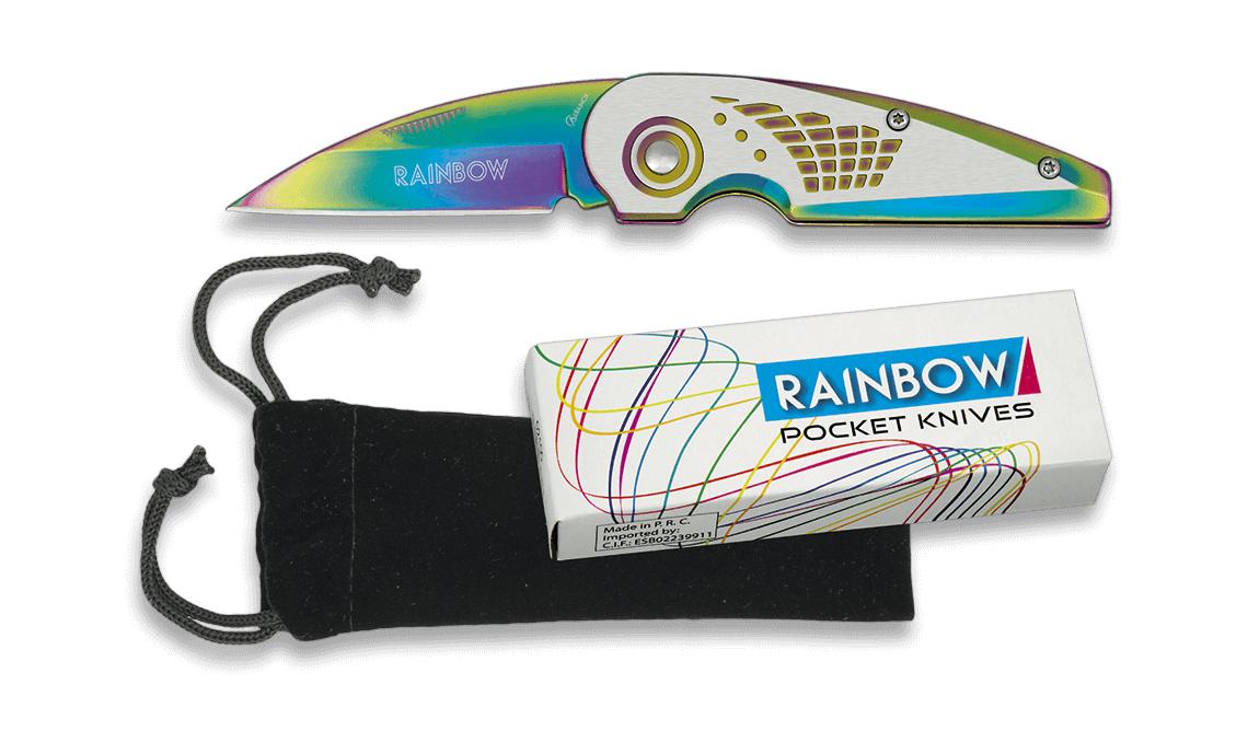 Rainbow pocket knife presented in box with velvet sheath and 6.4 ...