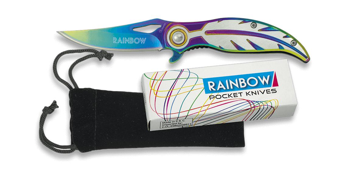 Rainbow pocket knife with feather-shaped handle and 7 cm blade