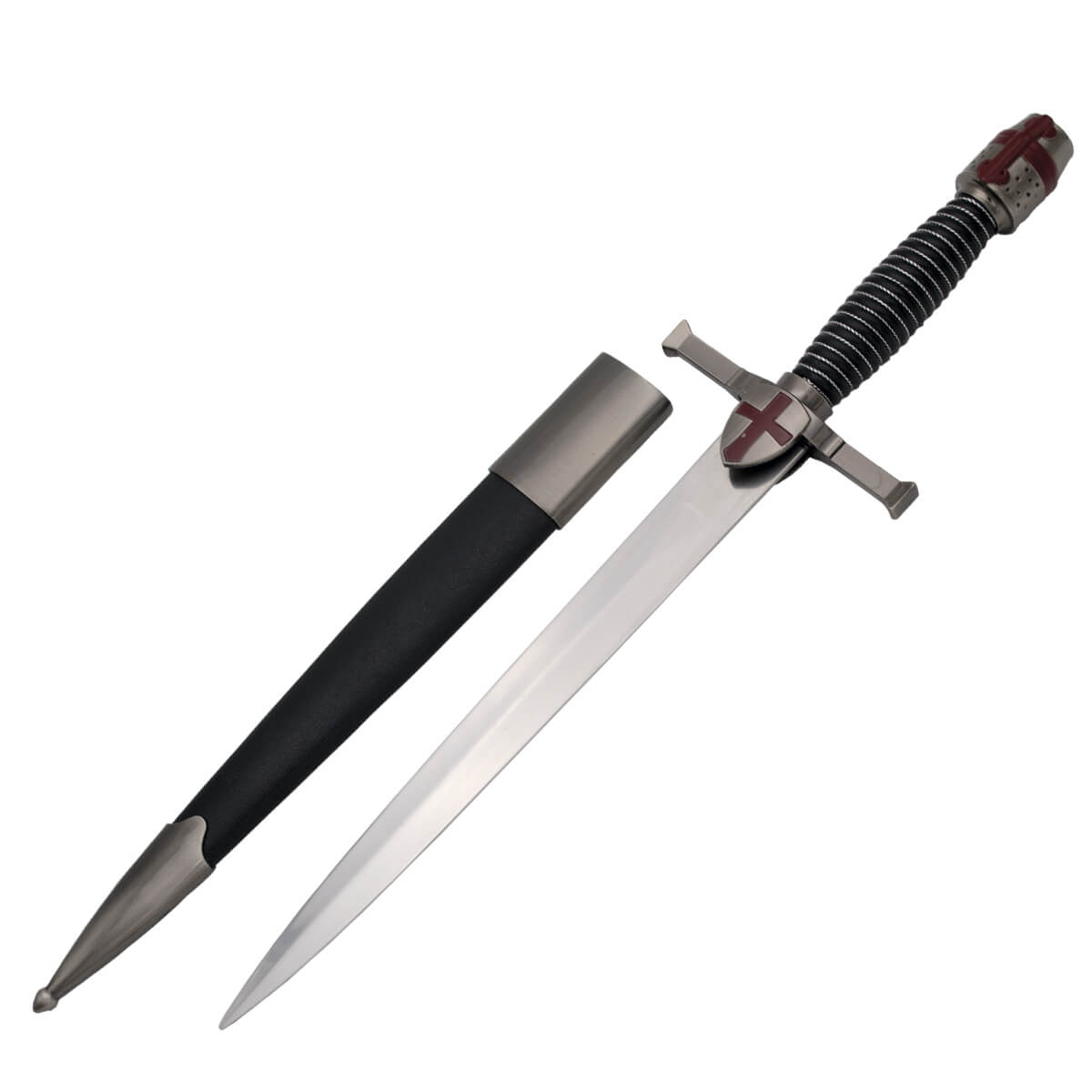 Templar medieval dagger with nickel-colored pommel and black scab...
