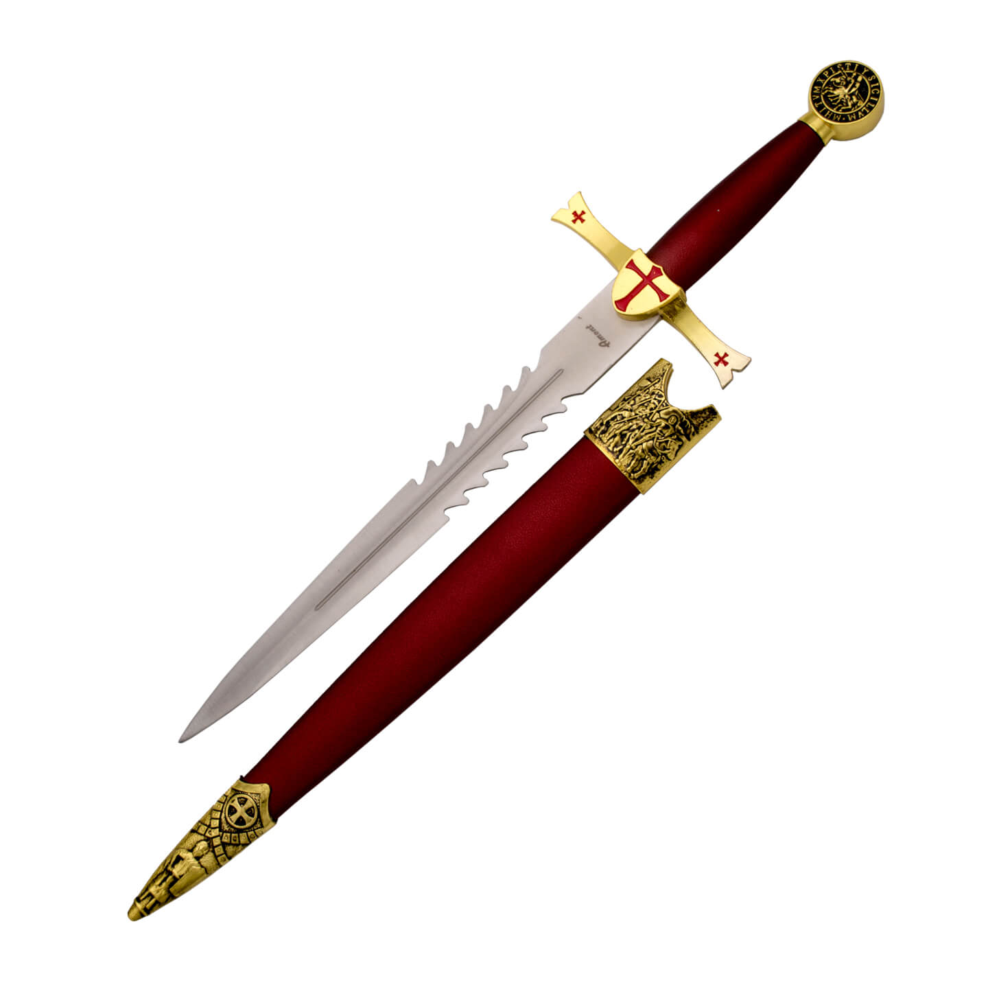 Adaga Templária com lâmina de 24,5 cm e cabo vermelho com escudo ...