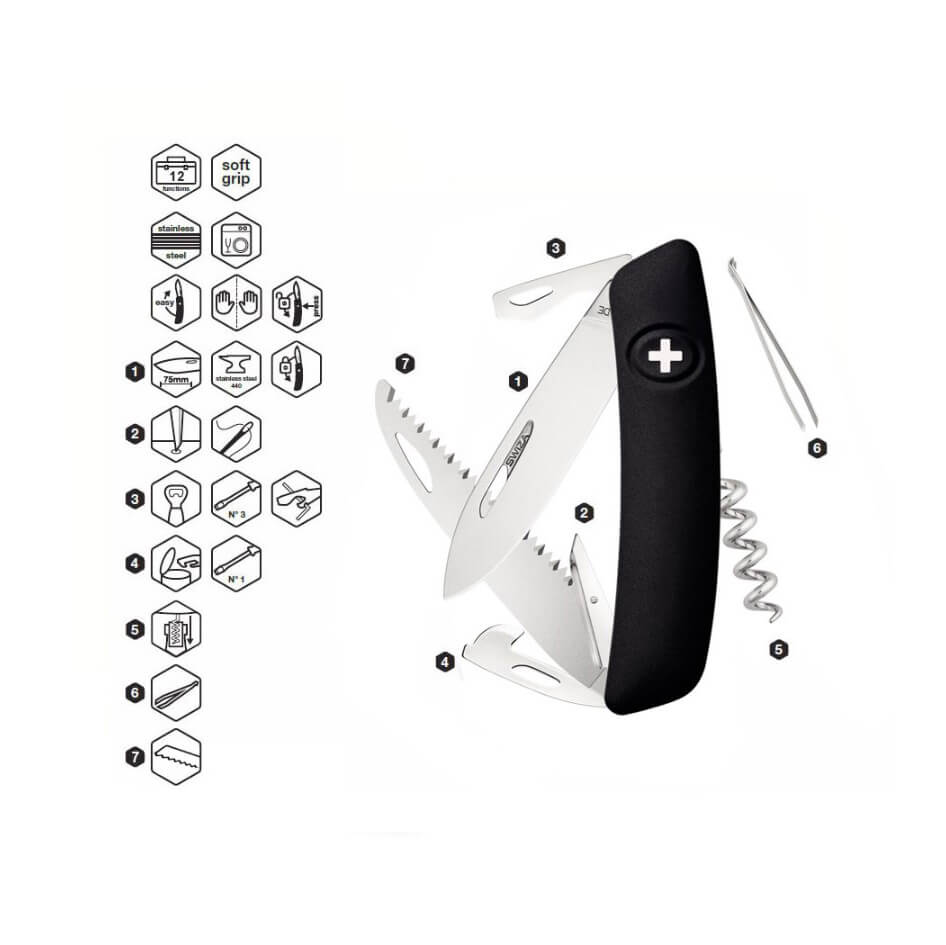 Navaja multiusos Swiza D05 negra con 12 funciones KNI.0050.1010