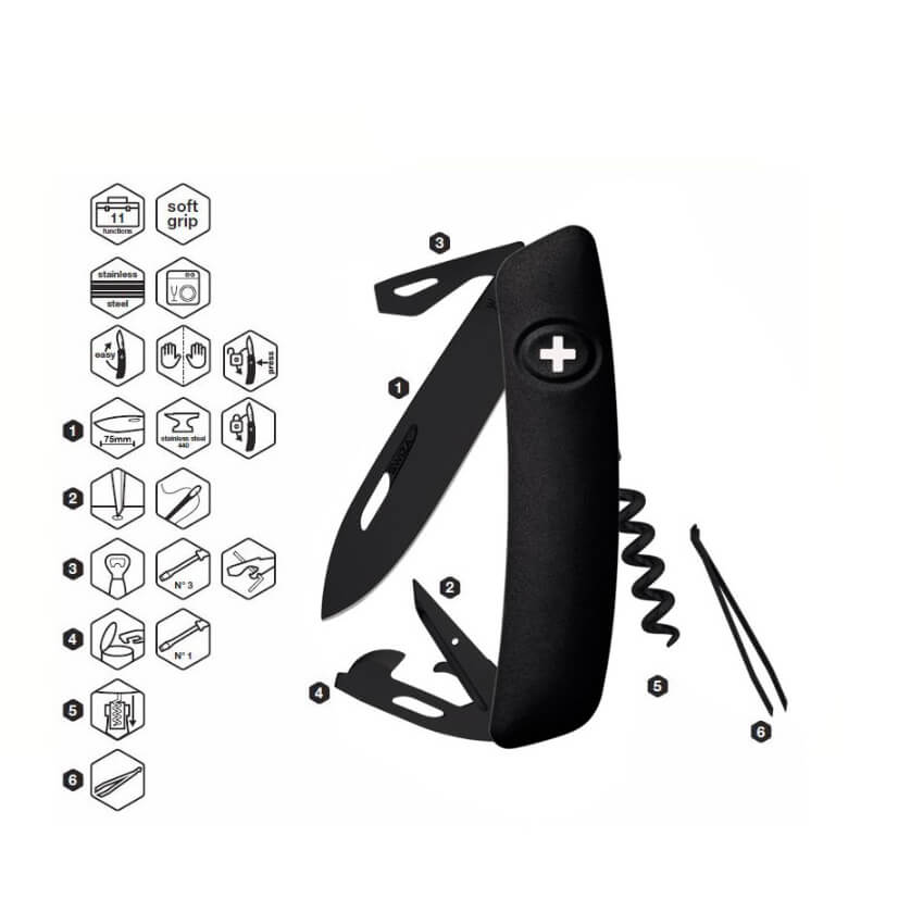 Swiza All Black Mehrzweckmesser mit 11 Funktionen KNI.0033.1010