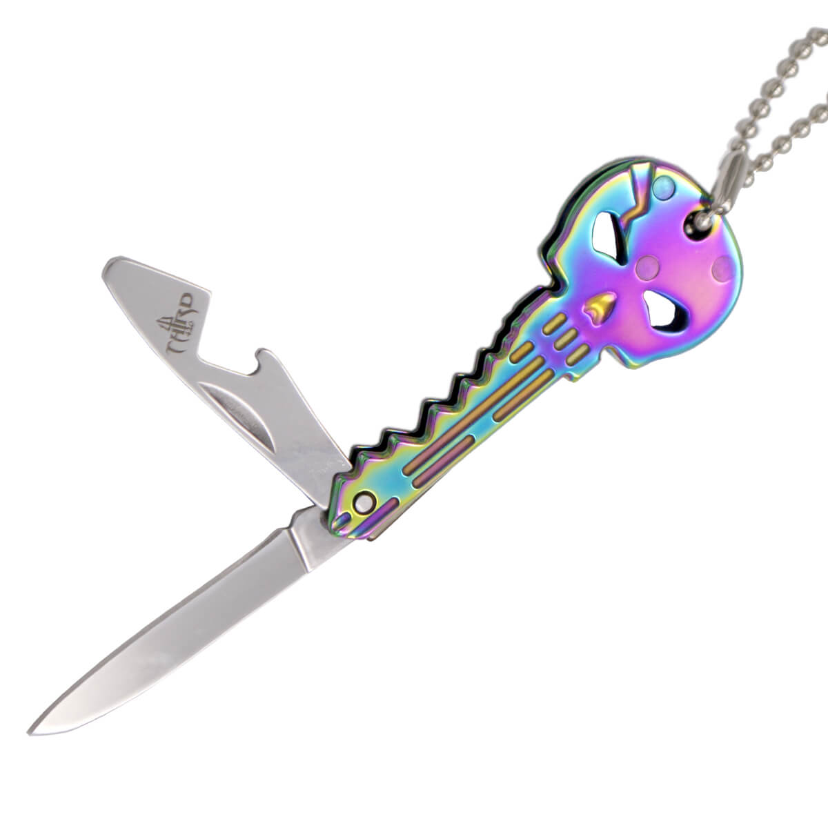 Faca porta-chaves de caveira em aço inoxidável multicolor com lâm...