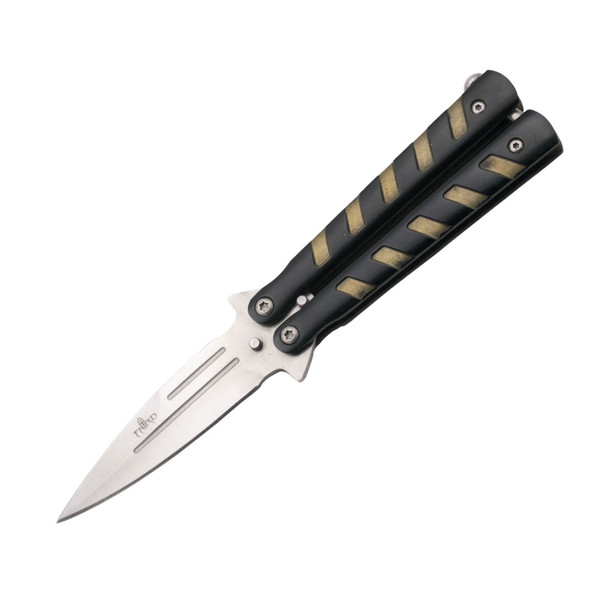 Navaja mariposa negra con detalles dorados y hoja satinada de 8.5...