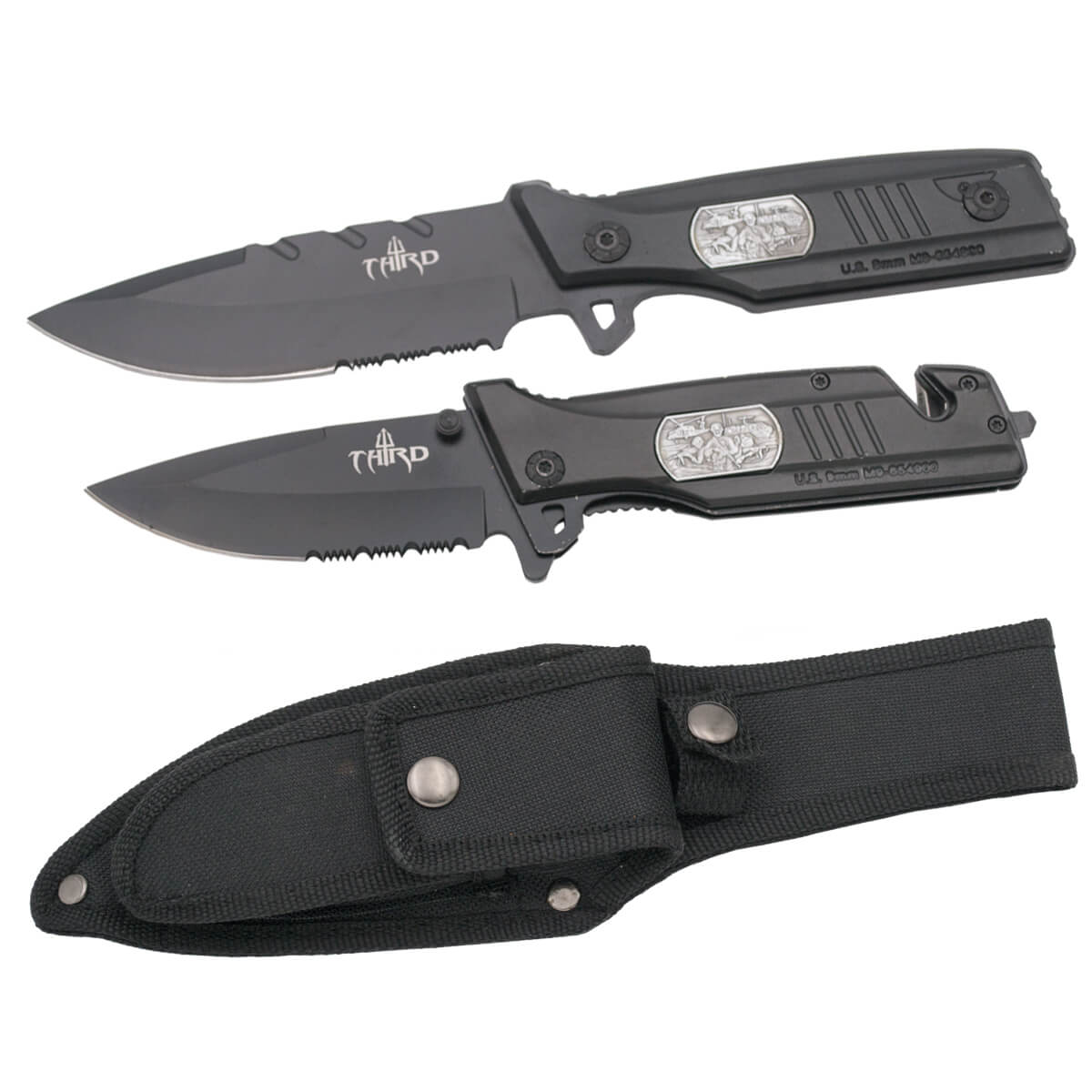 Tactical knife and pocketknife pack with black half-serrated blade Third