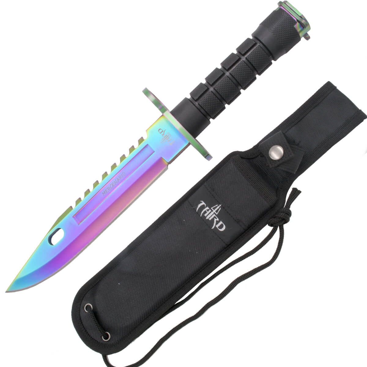 Taktisches Messer mit 19,5 cm langer Regenbogenklinge und schwarzem ABS-Griff