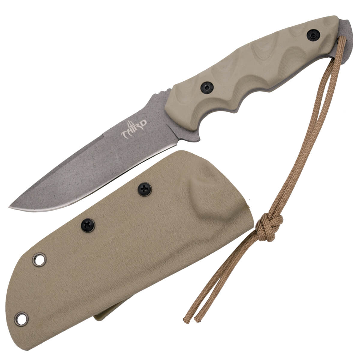 Taktisches Messer mit grauer Titanklinge und kamelfarbenem G10-Griff