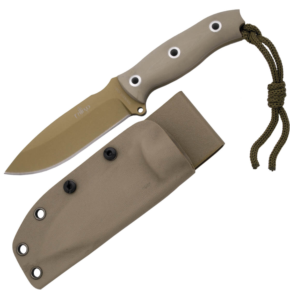 Taktisches Messer mit goldener Klinge und kamelfarbenem G10-Griff