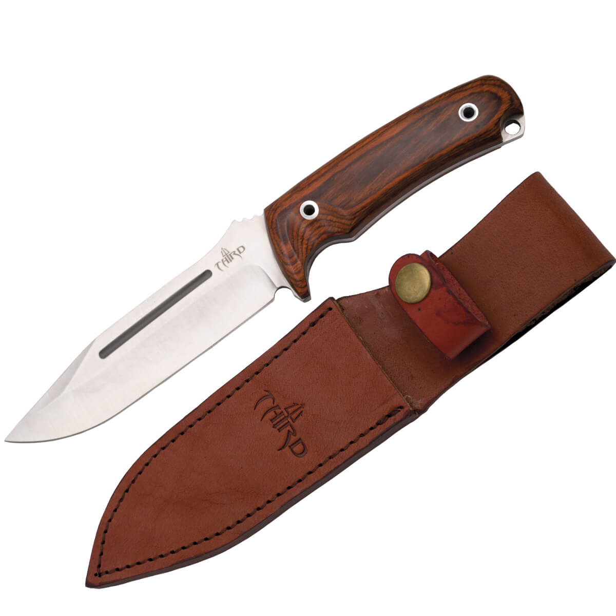 Coltello da caccia a codolo pieno con manico in legno di pakka