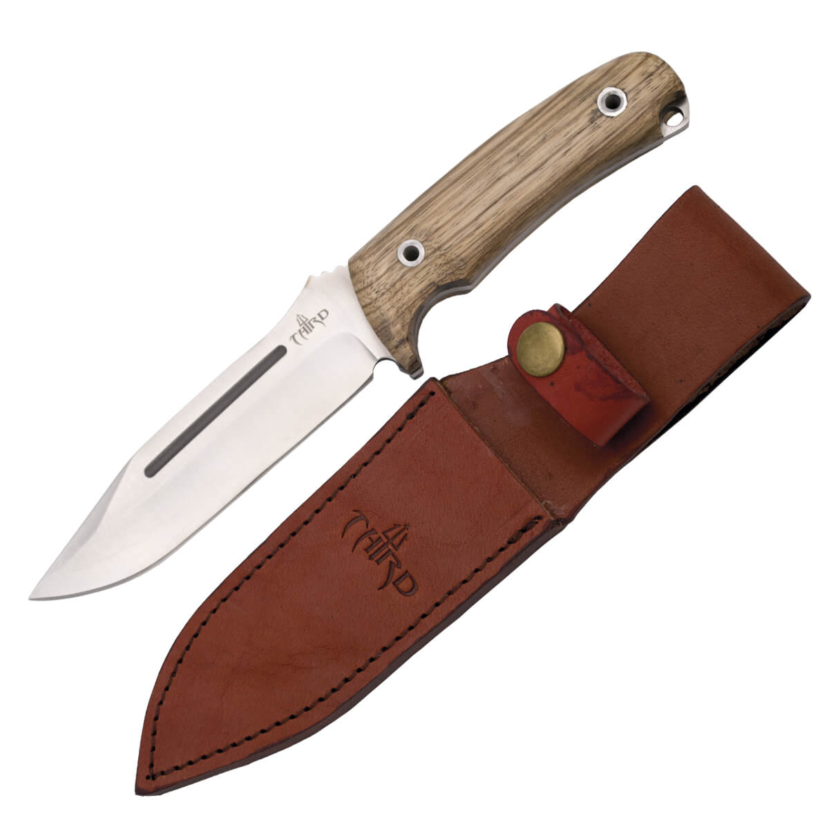 Jagdmesser mit durchgehendem Erl mit Griff aus Zebrano-Holz