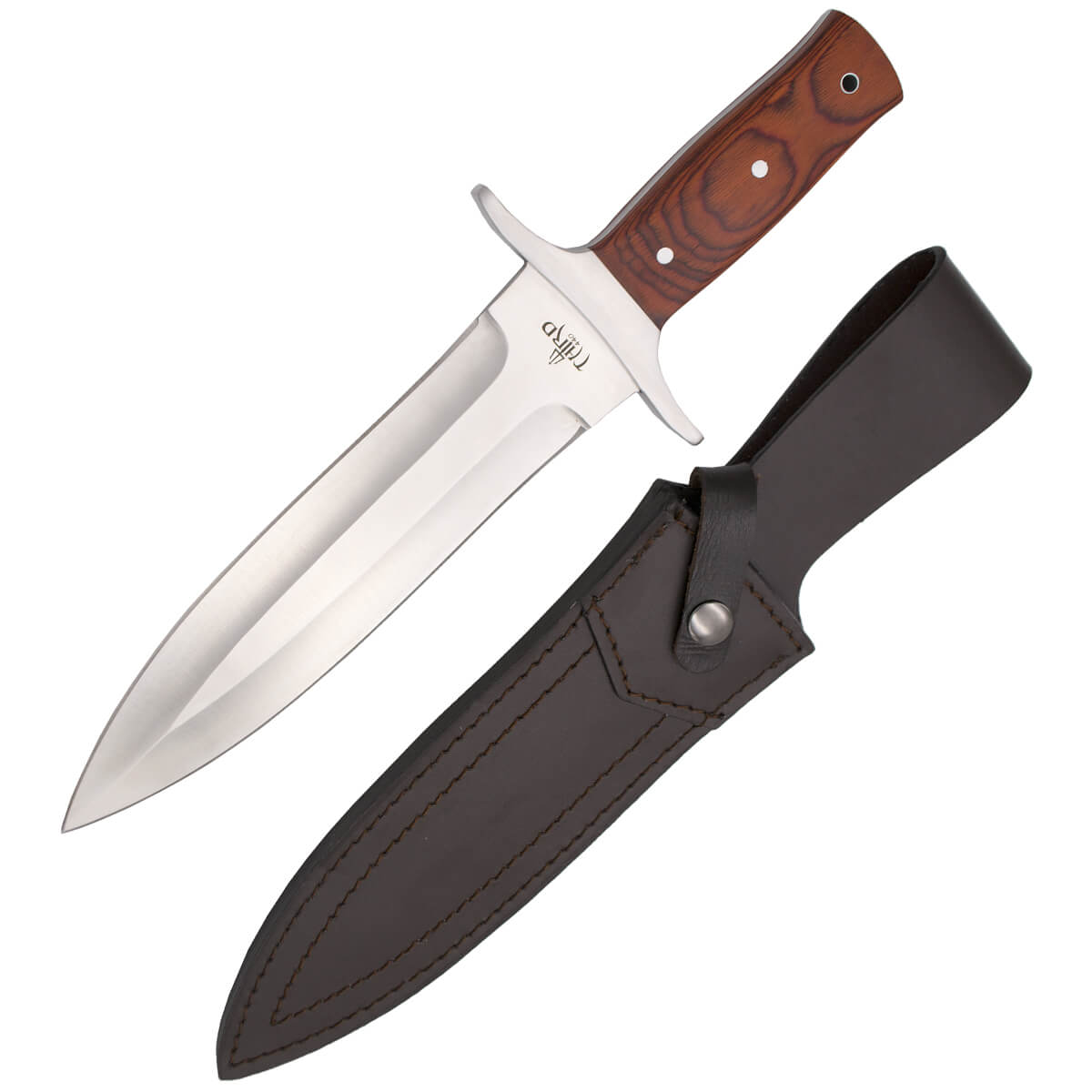 Einteiliges Jagdmesser mit 23 cm langer zweischneidiger Klinge und Griff aus Pakkaholz