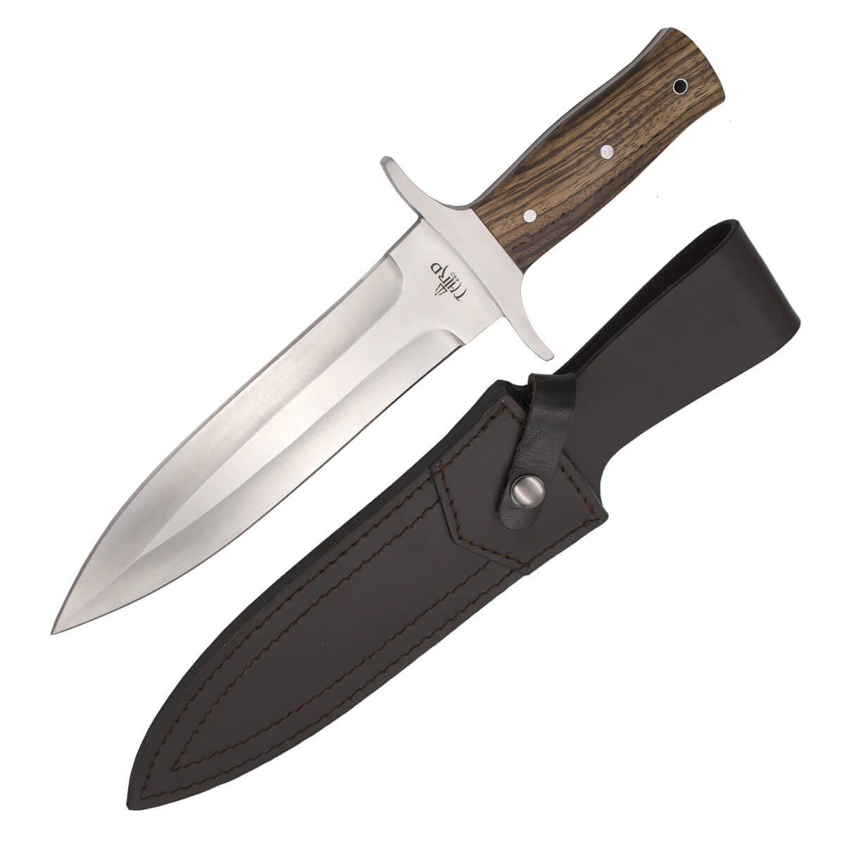 Einteiliges Jagdmesser mit 23 cm langer zweischneidiger Klinge und Zebrano-Griff