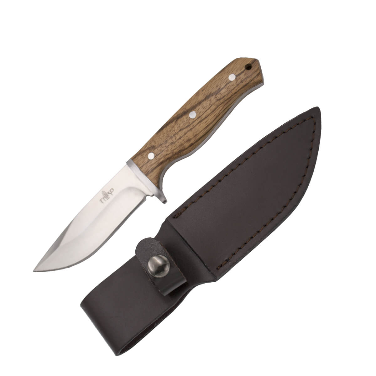 Faca de caça de uma peça com lâmina de 10,6 cm e cabo de madeira zebrano com guarda de aço inoxidável